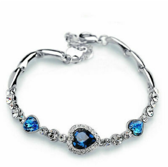 Gorgeous Silver Heart Blue Crystal Bangle Bracelet - Picture 2 of 6
